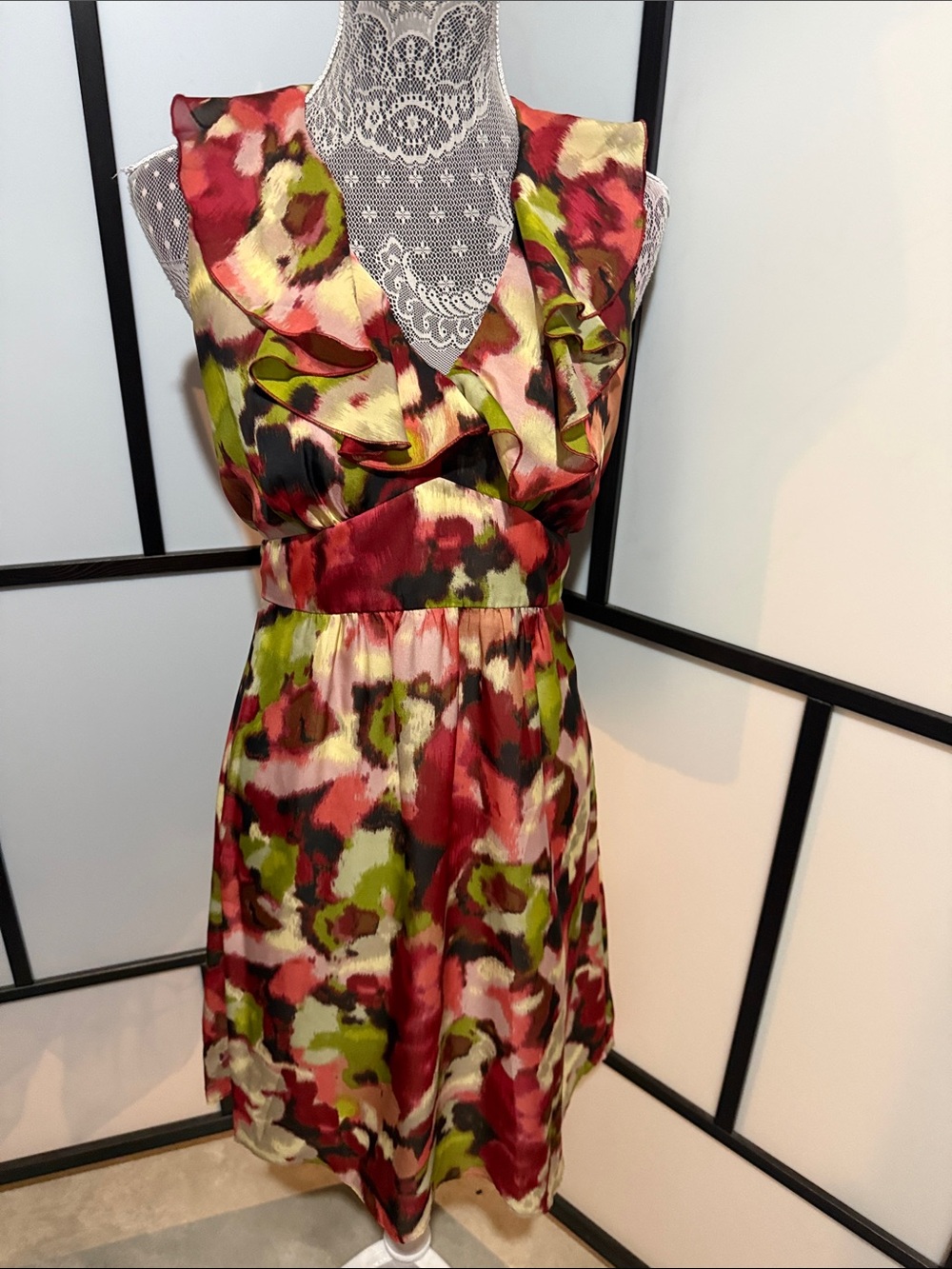 Ann Taylor Ruffle V-Neck Mini Dress in Red, Green & Pink